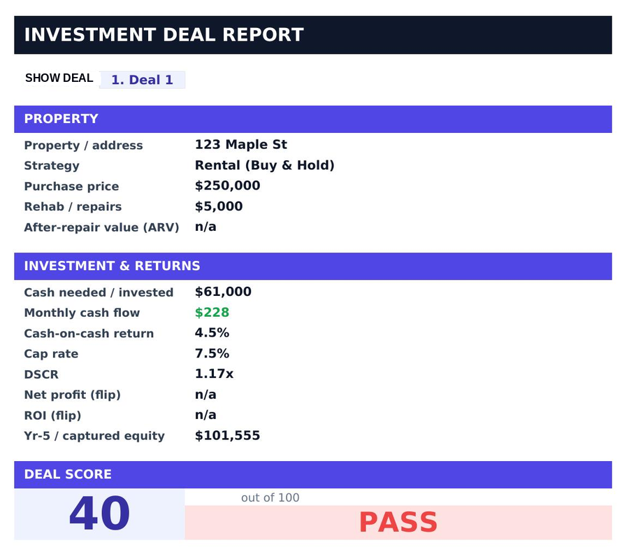 Deal Analyzer Pro — lender-ready one-page report